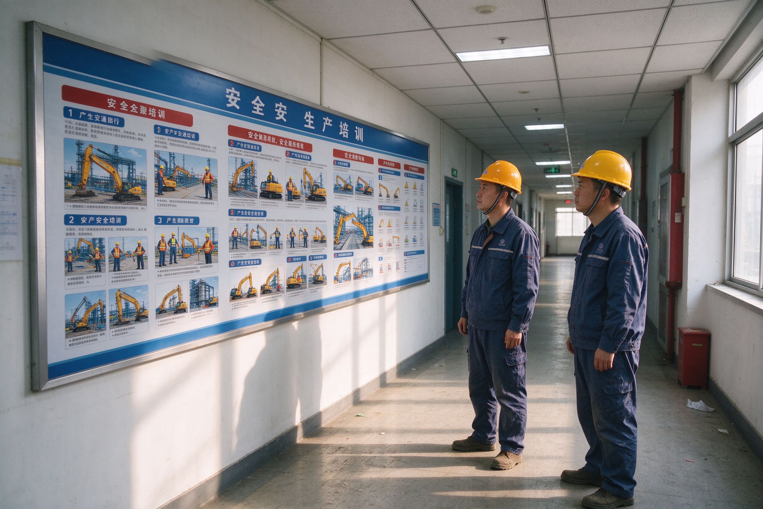 安全培训教室里工人驻足观看安全宣传栏